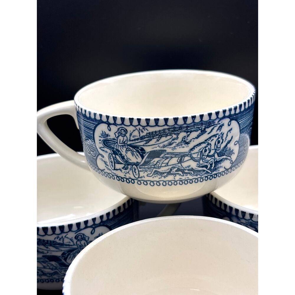 Vintage Currier and Ives Blue by Royal USA Flat Cup/Teacup Circa 1950s Set of 4